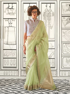 Pista Green moss chiffon saree styled for front profile This image captures the front drape view highlighting pallu fall and pleats alignment, ideal for visualizing festive elegance, designer appeal, and modern styling inspiration. Perfect for online shoppers seeking detailed previews before purchase, enhancing saree visual merchandising and SEO-rich product display strategy.                                                                                                                                      