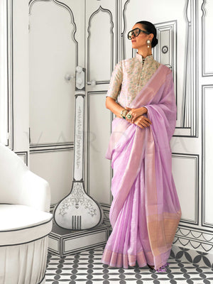 Lavender moss chiffon saree styled for front profile This image captures the front drape view highlighting pallu fall and pleats alignment, ideal for visualizing festive elegance, designer appeal, and modern styling inspiration. Perfect for online shoppers seeking detailed previews before purchase, enhancing saree visual merchandising and SEO-rich product display strategy.                                                                                                                                         