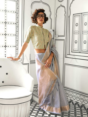 Smokey Blue moss chiffon saree styled for front profile This image captures the front drape view highlighting pallu fall and pleats alignment, ideal for visualizing festive elegance, designer appeal, and modern styling inspiration. Perfect for online shoppers seeking detailed previews before purchase, enhancing saree visual merchandising and SEO-rich product display strategy.                                                                                                                                      