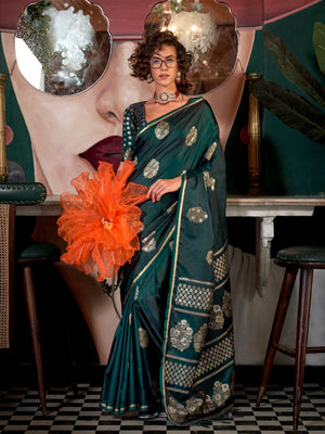 Rich zari motif silk saree in handloom satin fabric, styled with ethnic blouse – elegant ethnic wear This image captures the front drape view highlighting pallu fall and pleats alignment, ideal for visualizing festive elegance, designer appeal, and modern styling inspiration. Perfect for online shoppers seeking detailed previews before purchase, enhancing saree visual merchandising and SEO-rich product display strategy.                                                                                         