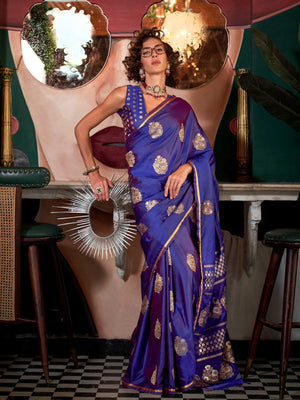 Royal Blue satin handloom silk saree with intricate brocade pallu, perfect for weddings and festive occasions This image captures the front drape view highlighting pallu fall and pleats alignment, ideal for visualizing festive elegance, designer appeal, and modern styling inspiration. Perfect for online shoppers seeking detailed previews before purchase, enhancing saree visual merchandising and SEO-rich product display strategy.                                                                                