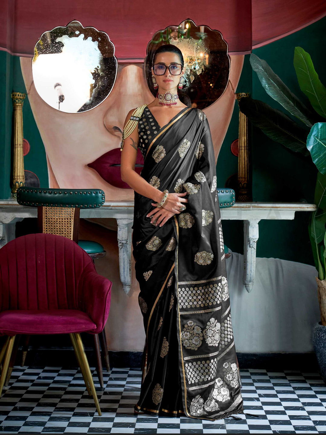 Black Onyx satin handloom silk saree with intricate brocade pallu, perfect for weddings and festive occasions This image captures the front drape view highlighting pallu fall and pleats alignment, ideal for visualizing festive elegance, designer appeal, and modern styling inspiration. Perfect for online shoppers seeking detailed previews before purchase, enhancing saree visual merchandising and SEO-rich product display strategy.                                                                                