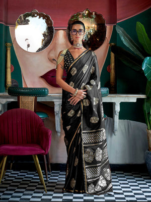 Black Onyx satin handloom silk saree with intricate brocade pallu, perfect for weddings and festive occasions This image captures the front drape view highlighting pallu fall and pleats alignment, ideal for visualizing festive elegance, designer appeal, and modern styling inspiration. Perfect for online shoppers seeking detailed previews before purchase, enhancing saree visual merchandising and SEO-rich product display strategy.                                                                                