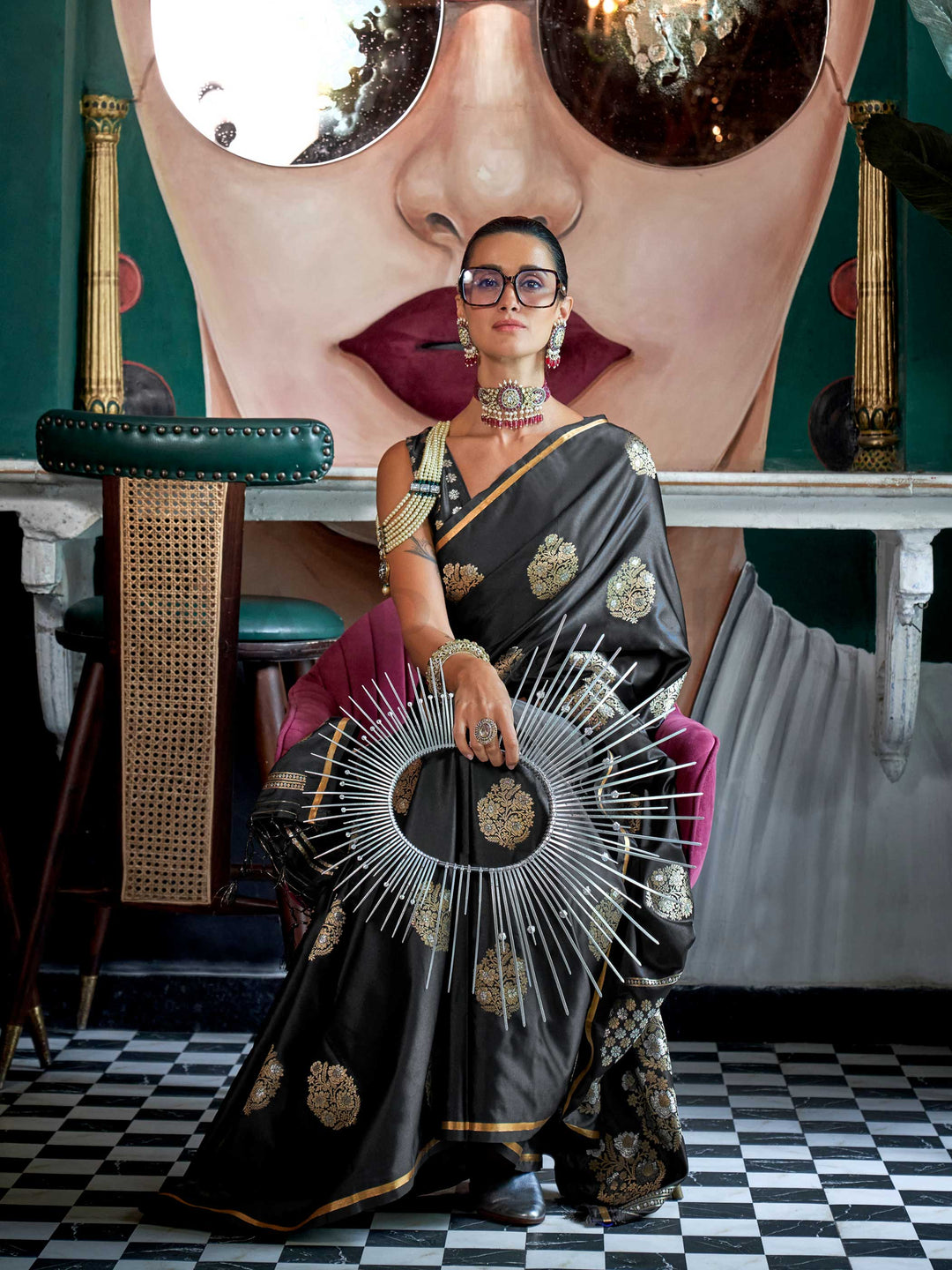 Black Onyx satin handloom silk saree with intricate brocade pallu, perfect for weddings and festive occasions This image captures the model styling perspective with complete saree ensemble displayed, ideal for visualizing festive elegance, designer appeal, and modern styling inspiration. Perfect for online shoppers seeking detailed previews before purchase, enhancing saree visual merchandising and SEO-rich product display strategy.                                                                             