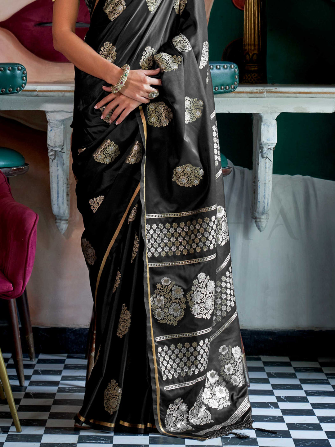 Black Onyx satin handloom silk saree with intricate brocade pallu, perfect for weddings and festive occasions This image captures the back drape focus revealing pallu finesse and motif richness, ideal for visualizing festive elegance, designer appeal, and modern styling inspiration. Perfect for online shoppers seeking detailed previews before purchase, enhancing saree visual merchandising and SEO-rich product display strategy.                                                                                  