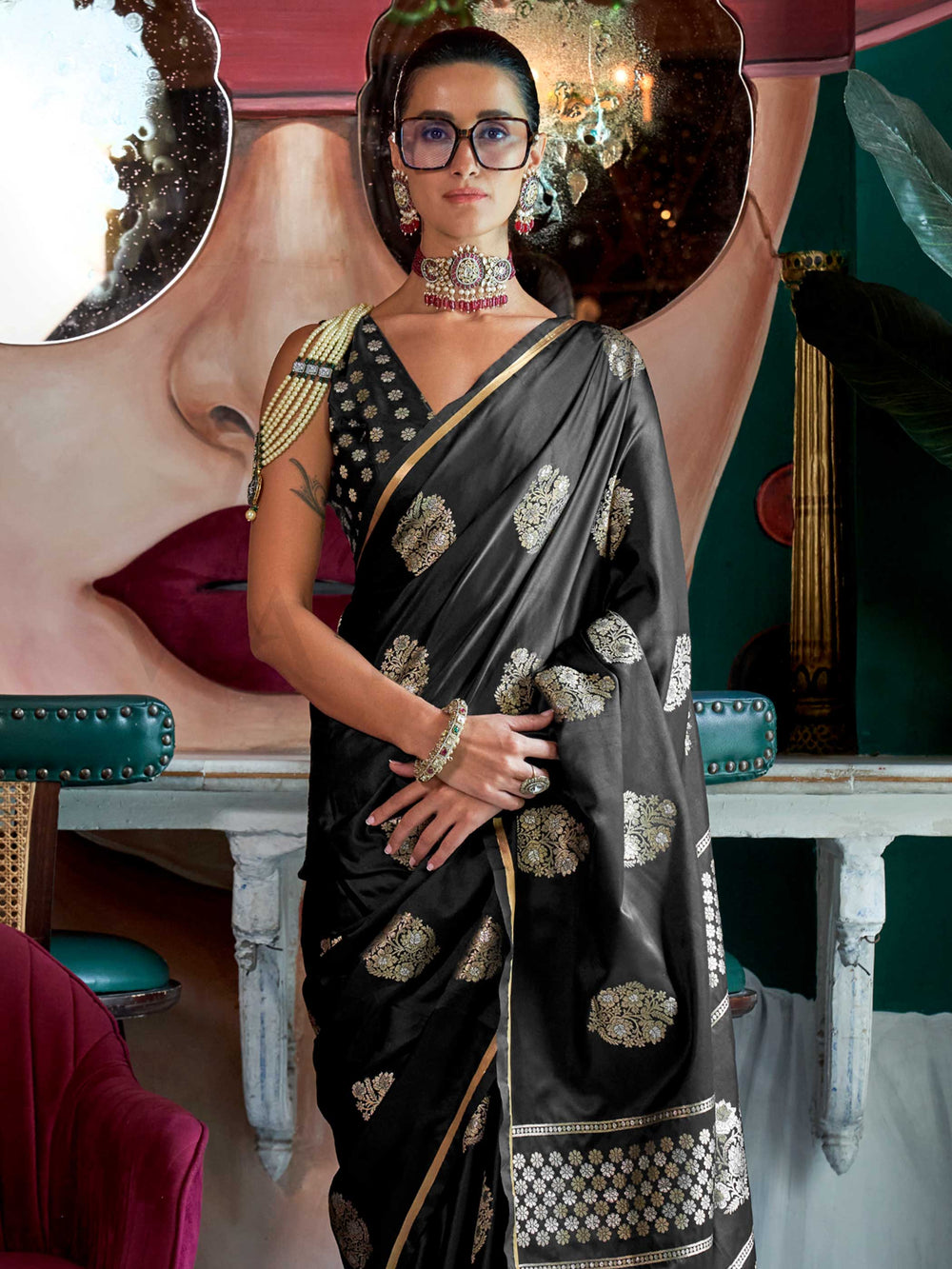 Black Onyx satin handloom silk saree with intricate brocade pallu, perfect for weddings and festive occasions This image captures the side angle view showcasing blouse styling and zari border detail, ideal for visualizing festive elegance, designer appeal, and modern styling inspiration. Perfect for online shoppers seeking detailed previews before purchase, enhancing saree visual merchandising and SEO-rich product display strategy.                                                                             