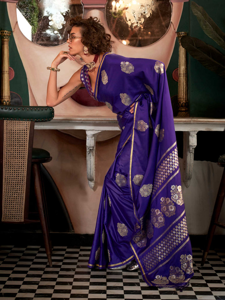 Violet Purple satin handloom silk saree with intricate brocade pallu, perfect for weddings and festive occasions This image captures the front drape view highlighting pallu fall and pleats alignment, ideal for visualizing festive elegance, designer appeal, and modern styling inspiration. Perfect for online shoppers seeking detailed previews before purchase, enhancing saree visual merchandising and SEO-rich product display strategy.                                                                             