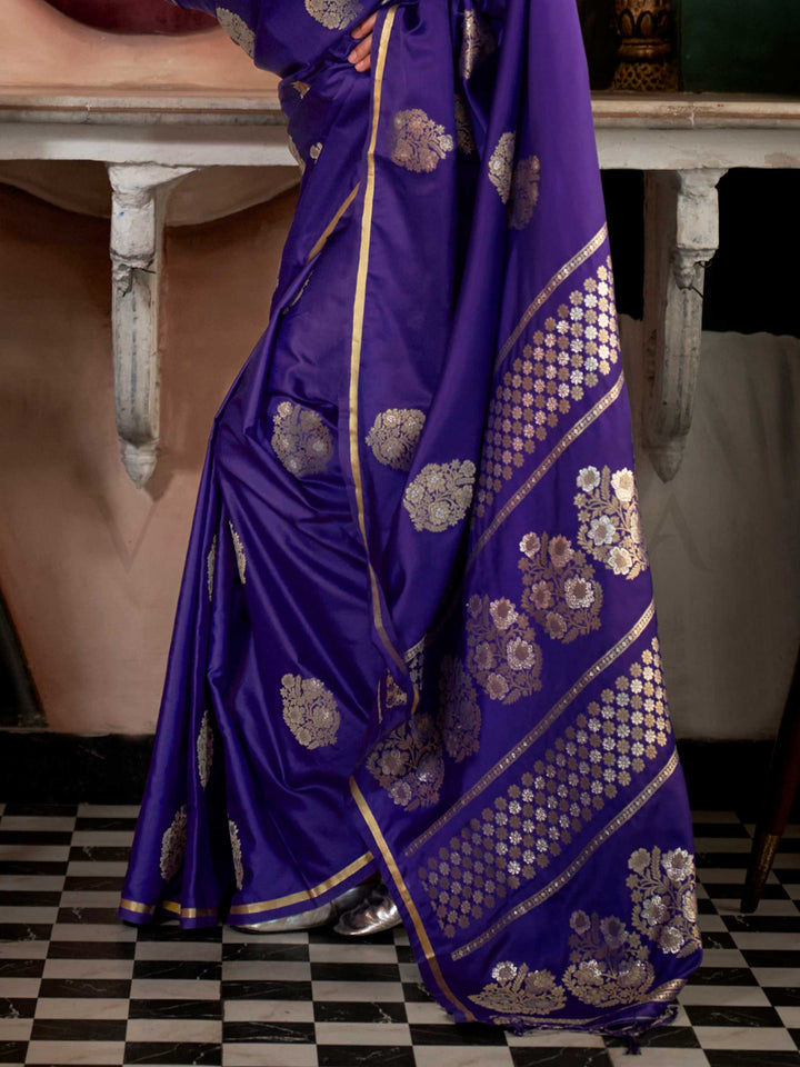 Violet Purple satin handloom silk saree with intricate brocade pallu, perfect for weddings and festive occasions This image captures the back drape focus revealing pallu finesse and motif richness, ideal for visualizing festive elegance, designer appeal, and modern styling inspiration. Perfect for online shoppers seeking detailed previews before purchase, enhancing saree visual merchandising and SEO-rich product display strategy.                                                                               