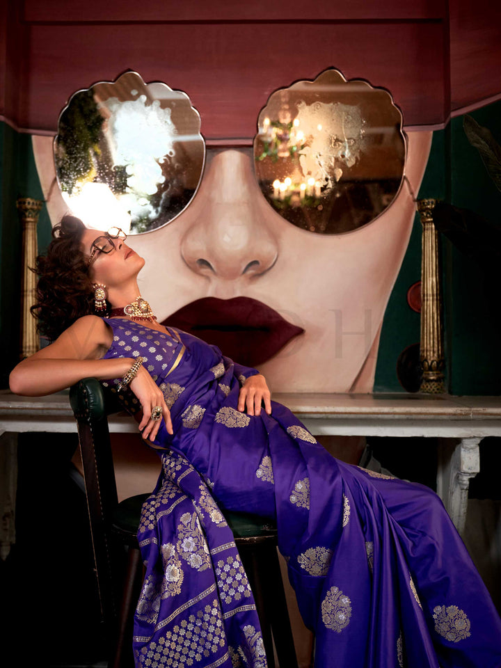 Violet Purple satin handloom silk saree with intricate brocade pallu, perfect for weddings and festive occasions This image captures the model styling perspective with complete saree ensemble displayed, ideal for visualizing festive elegance, designer appeal, and modern styling inspiration. Perfect for online shoppers seeking detailed previews before purchase, enhancing saree visual merchandising and SEO-rich product display strategy.                                                                          