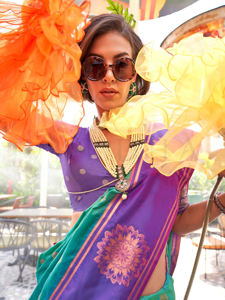 satin silk saree two tone saree zari border saree festive wear saree mandala woven saree contrast pallu saree vibrant ethnic saree luxurious party saree
