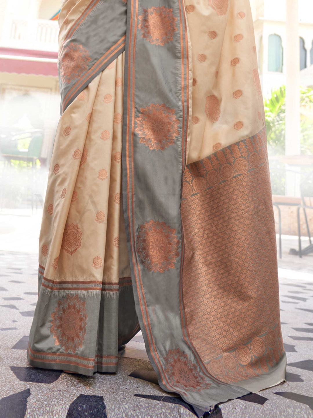 Artful Ivory–Slate Grey satin silk fabric with mandala buttas and contrast blouse pairing idea. Ivory–Slate Grey ethnic saree styled for parties, featuring woven motifs and soft luminous shine.