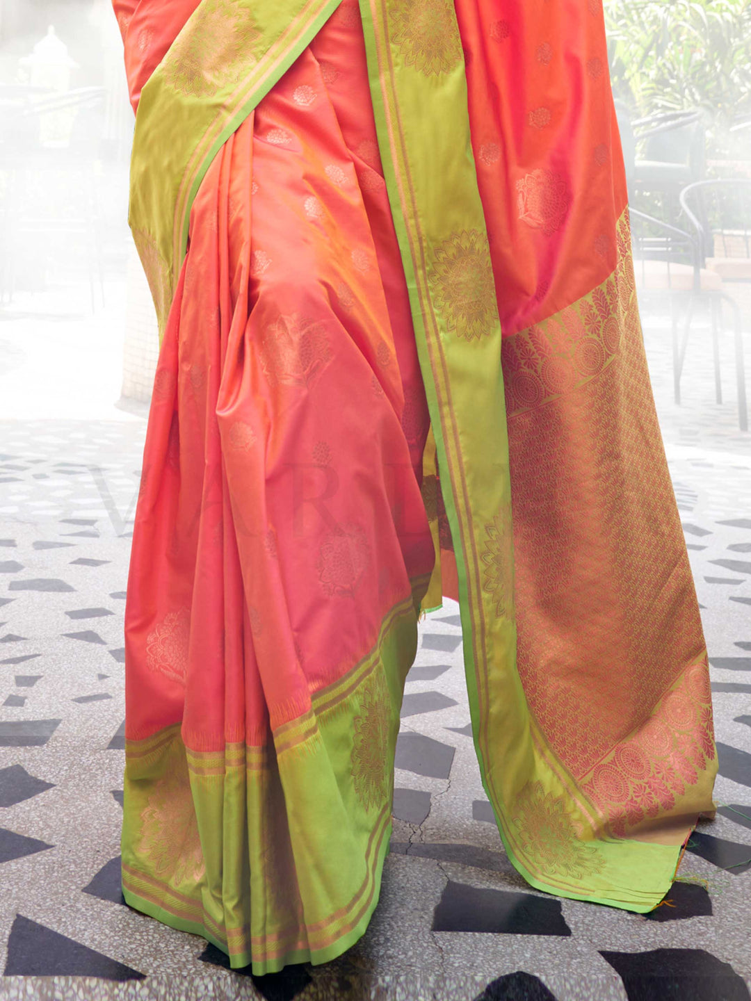Artful Sunset Coral–Pista Green satin silk fabric with mandala buttas and contrast blouse pairing idea. Sunset Coral–Pista Green ethnic saree styled for parties, featuring woven motifs and soft luminous shine.
