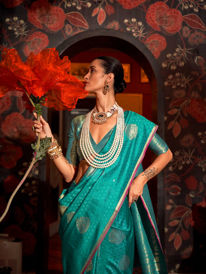 Banarasi Sarees Satin Silk Sarees Blue Reception Wedding Blue Kaakshi Teal Blue Gold