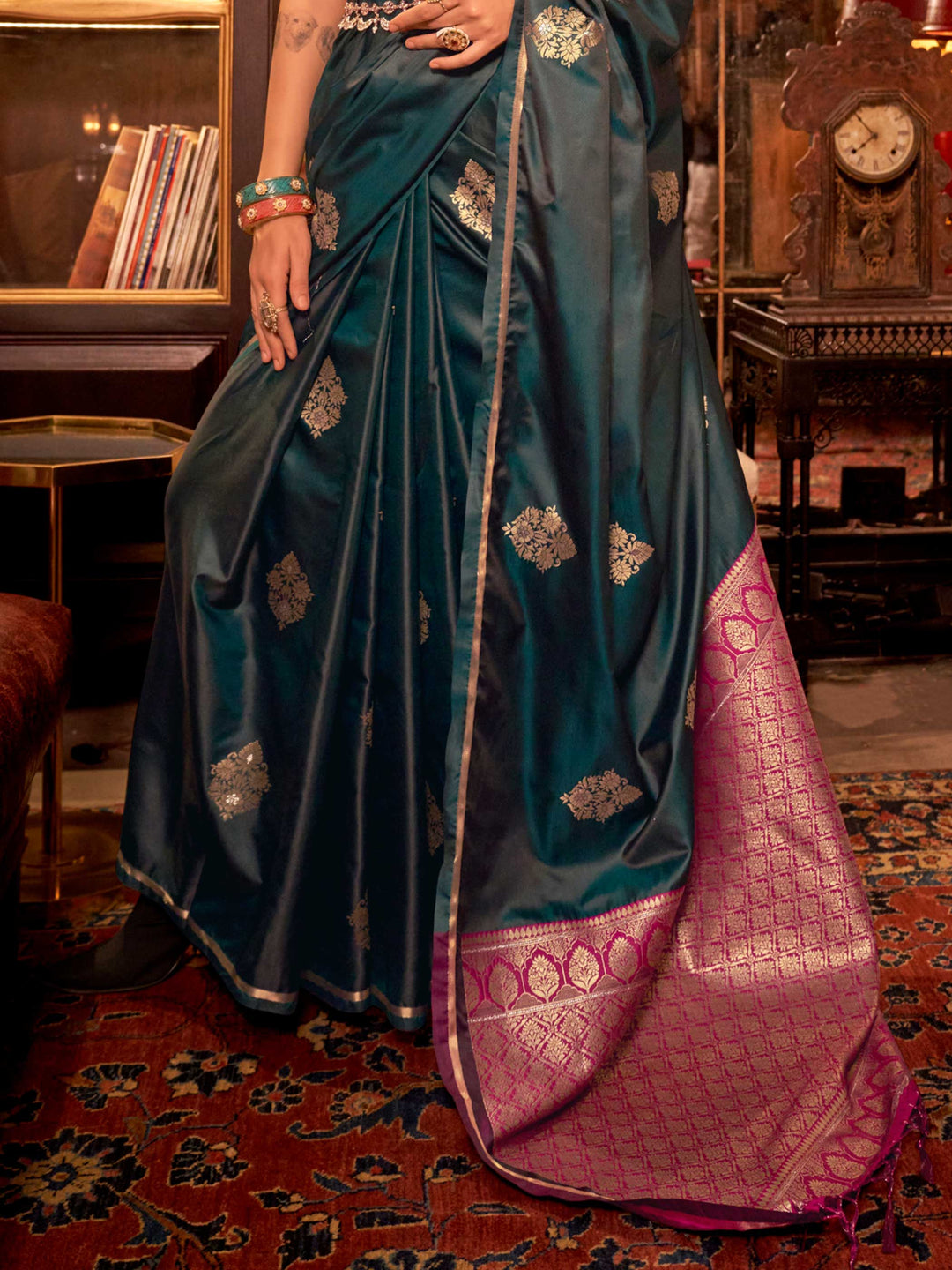 Peacock Blue Satin Silk Saree with Woven Zari Work
