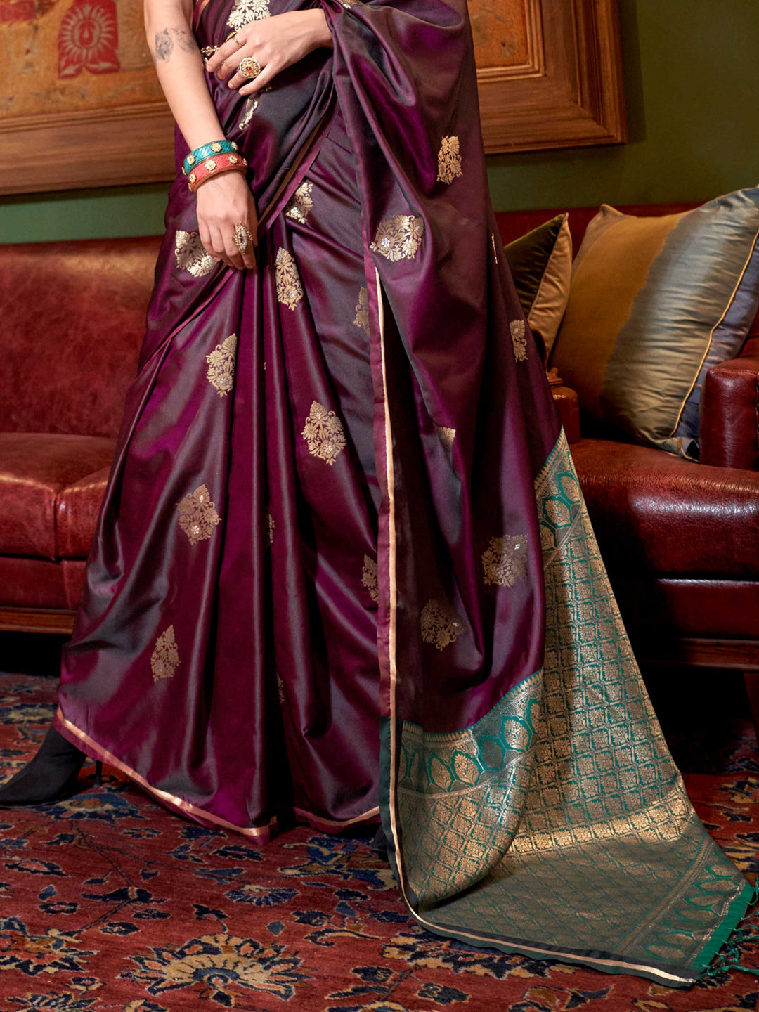 Wine Satin Silk Saree with Woven Zari Work