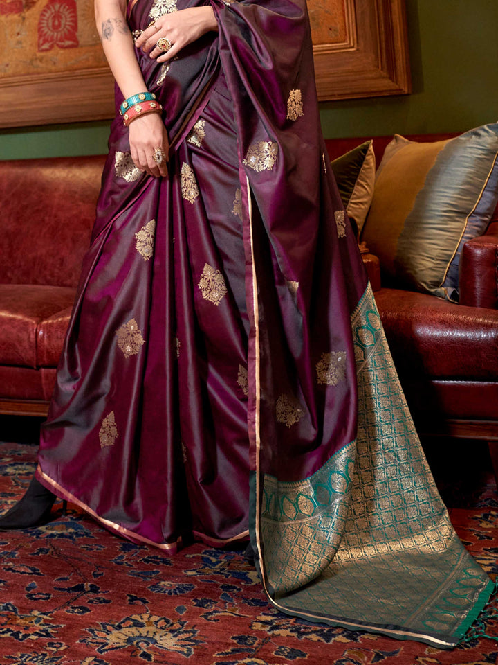 Wine Satin Silk Saree with Woven Zari Work