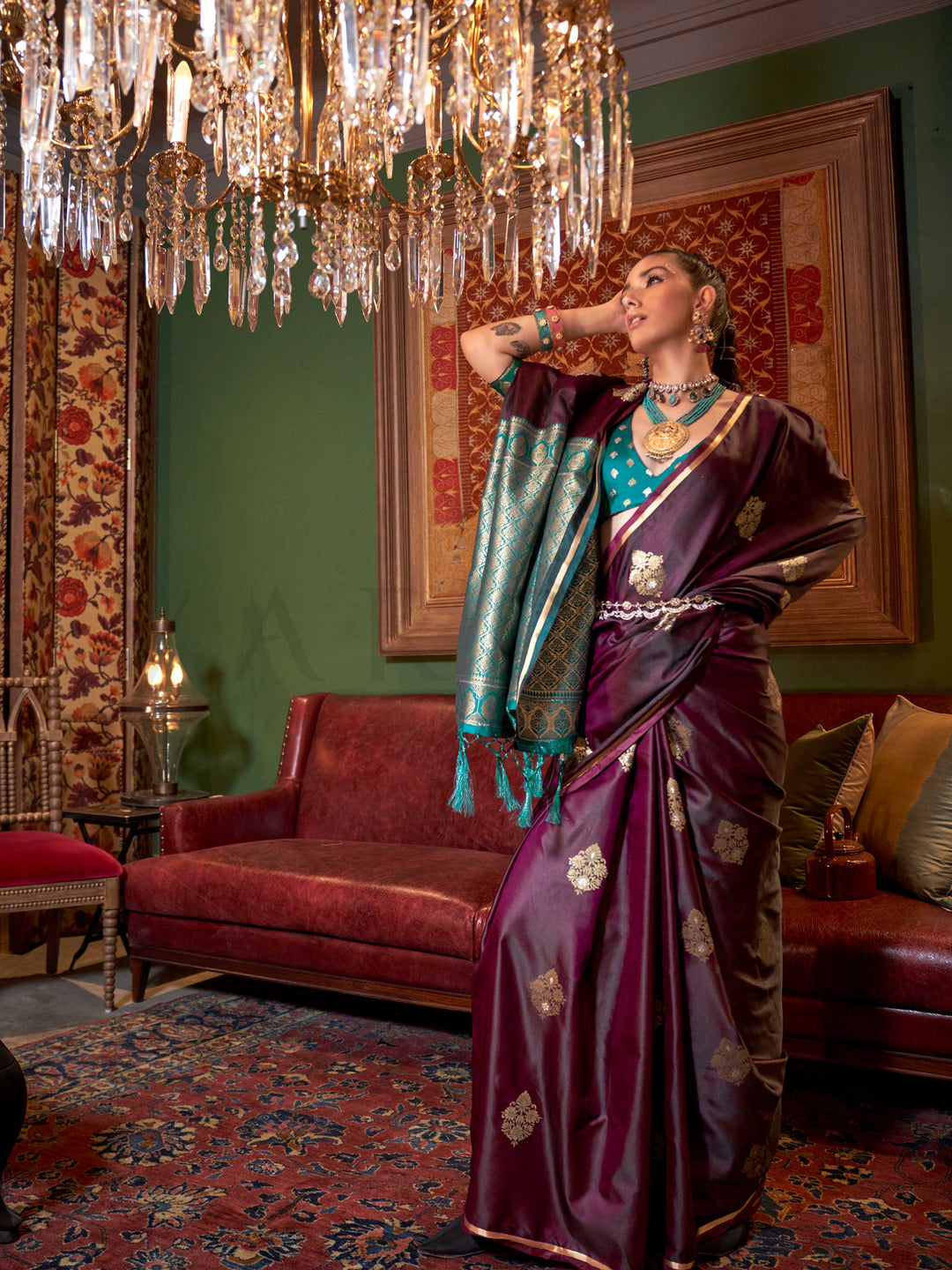 Wine Satin Silk Saree with Woven Zari Work