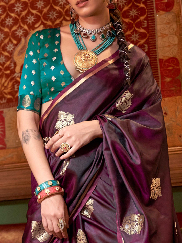 Wine Satin Silk Saree with Woven Zari Work