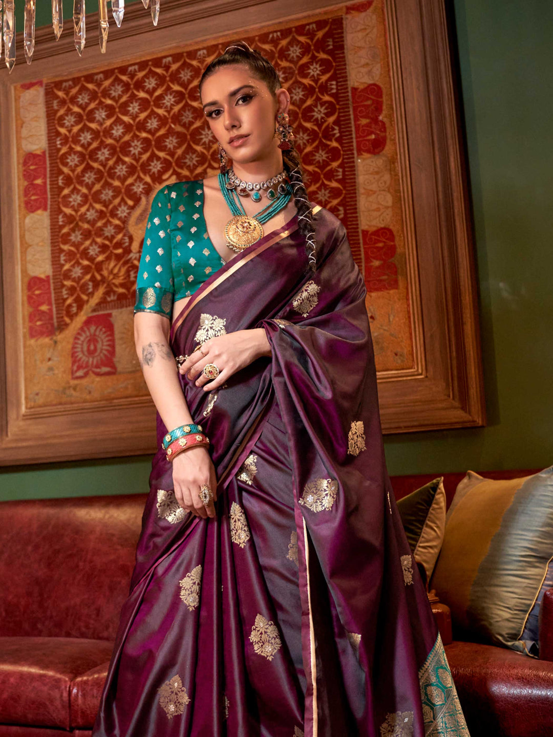 Wine Satin Silk Saree with Woven Zari Work