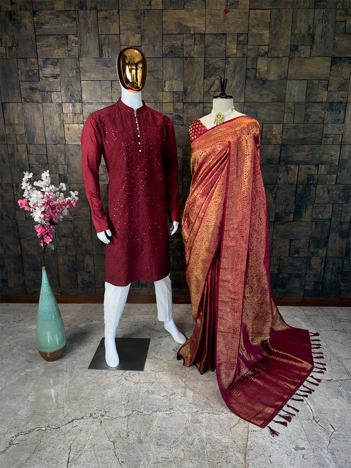 Maroon Kanjivaram Silk Saree & Rosette Sequin Kurta Ethnic Couple Set House of Vardha