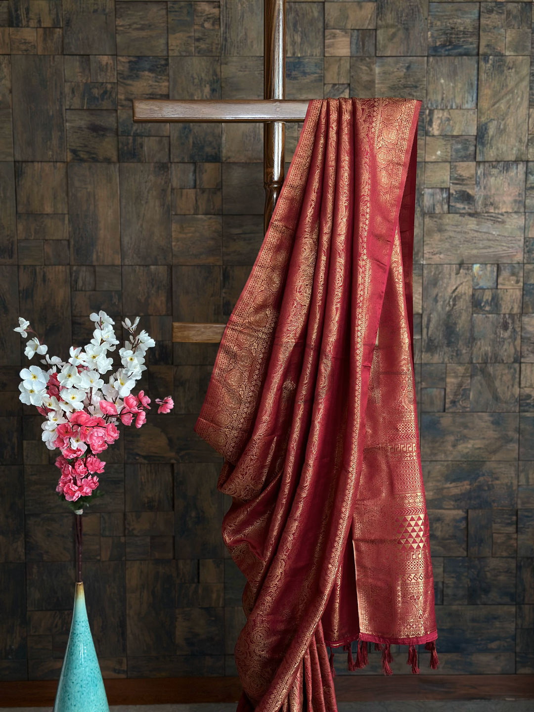 Venetian Maroon Golden Zari Kanjivaram Silk Saree