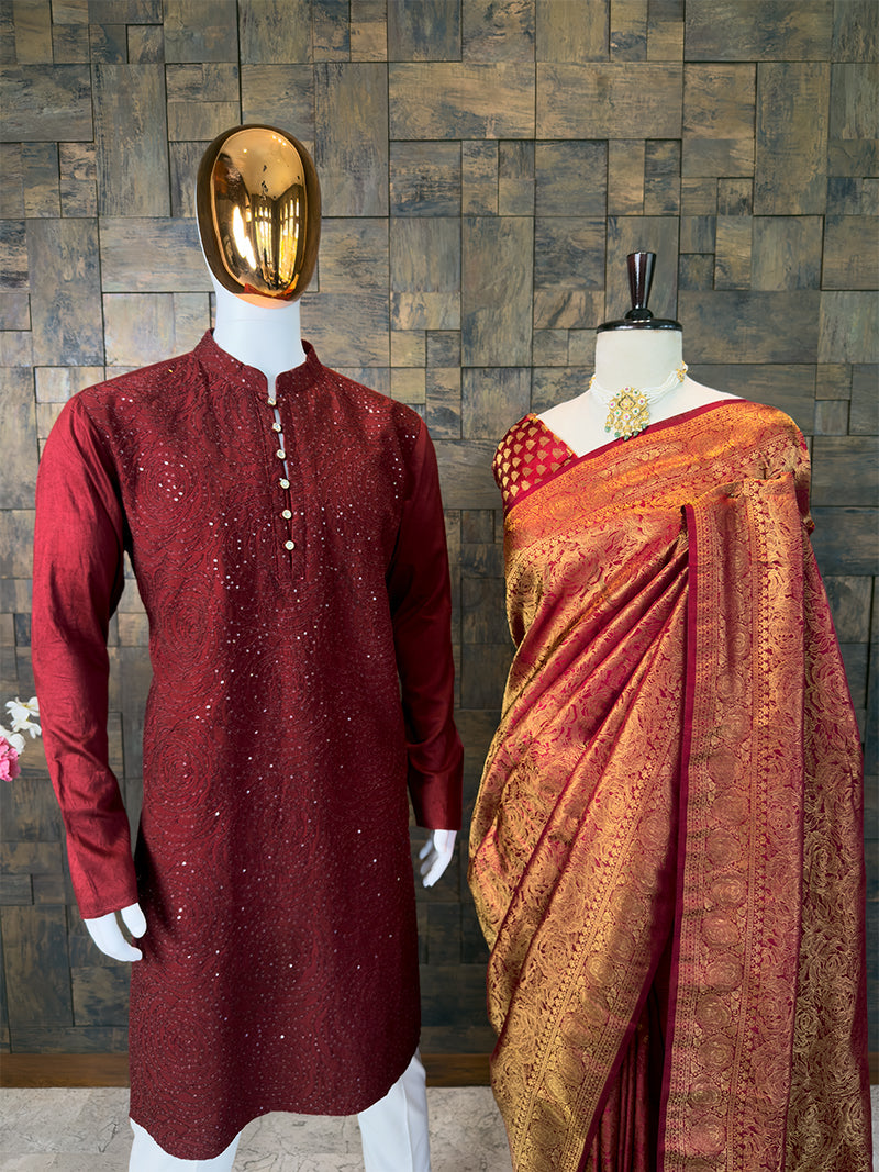 Maroon Kanjivaram Silk Saree & Rosette Sequin Kurta Ethnic Couple Set House of Vardha