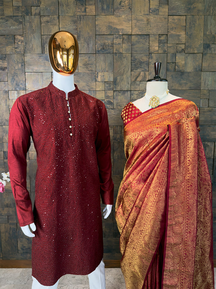 Maroon Kanjivaram Silk Saree & Rosette Sequin Kurta Ethnic Couple Set House of Vardha