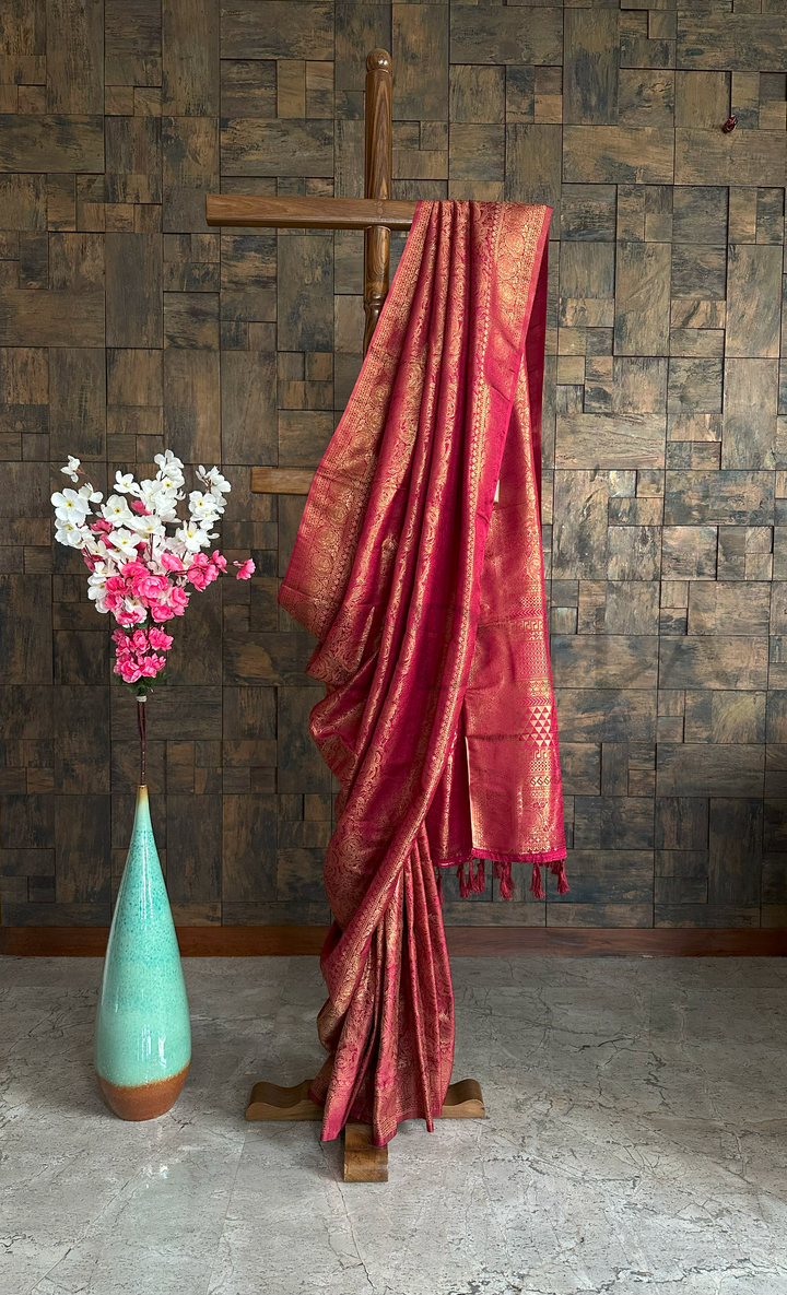 Venetian Maroon Golden Zari Kanjivaram Silk Saree