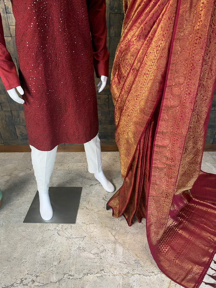 Maroon Kanjivaram Silk Saree & Rosette Sequin Kurta Ethnic Couple Set House of Vardha