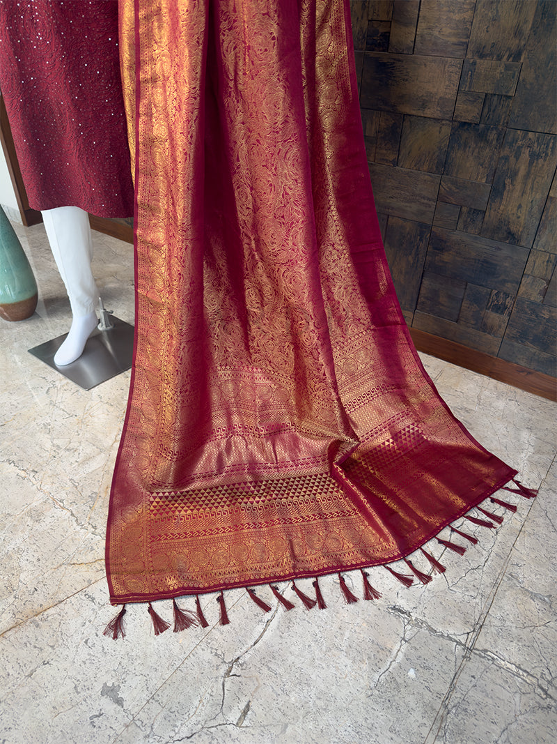 Maroon Kanjivaram Silk Saree & Rosette Sequin Kurta Ethnic Couple Set House of Vardha