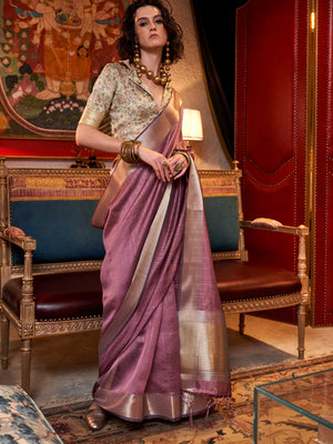 Soft Mauve chiffon saree with Champagne pallu and zari accents This image captures the front drape view highlighting pallu fall and pleats alignment, ideal for visualizing festive elegance, designer appeal, and modern styling inspiration. Perfect for online shoppers seeking detailed previews before purchase, enhancing saree visual merchandising and SEO-rich product display strategy.                                                                                                                               