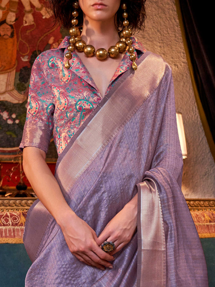 Soft Lavender chiffon saree with Ivory pallu and zari accents This image captures the zoomed texture view illustrating fabric weave and print clarity, ideal for visualizing festive elegance, designer appeal, and modern styling inspiration. Perfect for online shoppers seeking detailed previews before purchase, enhancing saree visual merchandising and SEO-rich product display strategy.                                                                                                                              