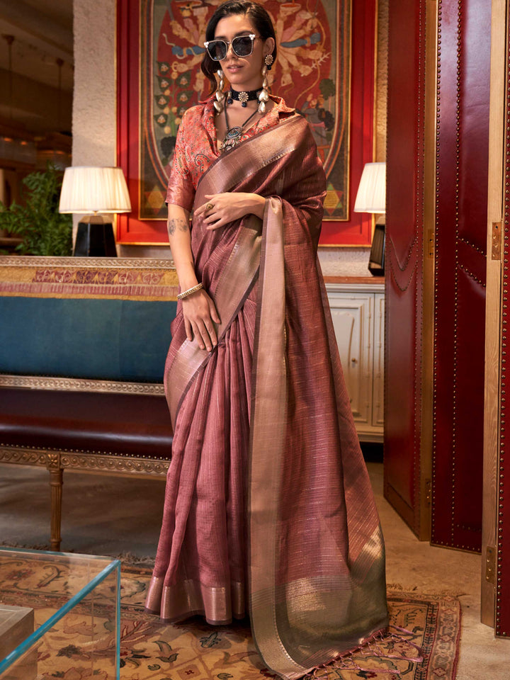 Soft Dusty Rose chiffon saree with Taupe pallu and zari accents This image captures the front drape view highlighting pallu fall and pleats alignment, ideal for visualizing festive elegance, designer appeal, and modern styling inspiration. Perfect for online shoppers seeking detailed previews before purchase, enhancing saree visual merchandising and SEO-rich product display strategy.                                                                                                                              