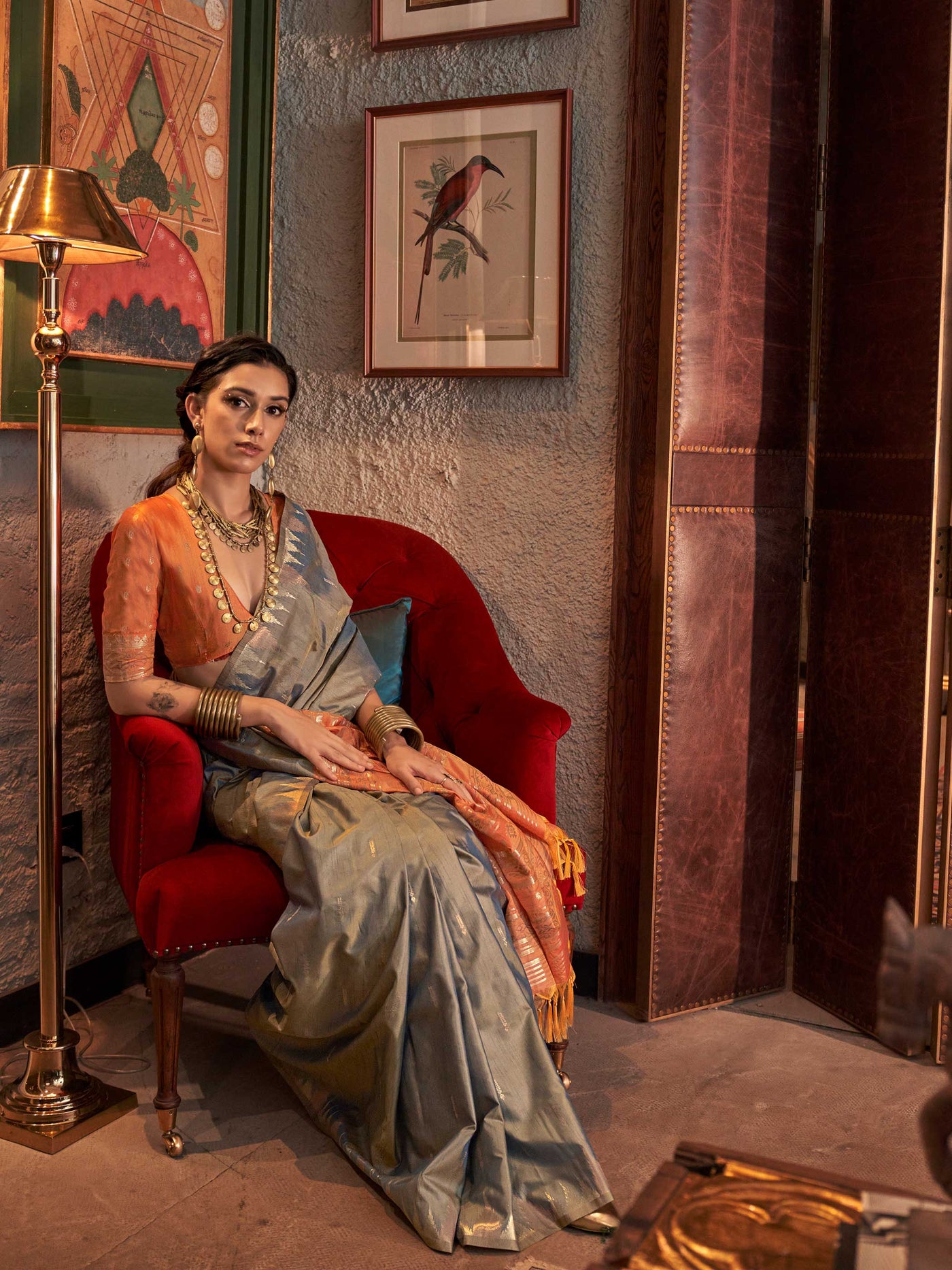 Banarasi Sarees Feathersoft Silk Sarees Blue Evening Sangeet Party Blue Kontessa Blue Copper Peach