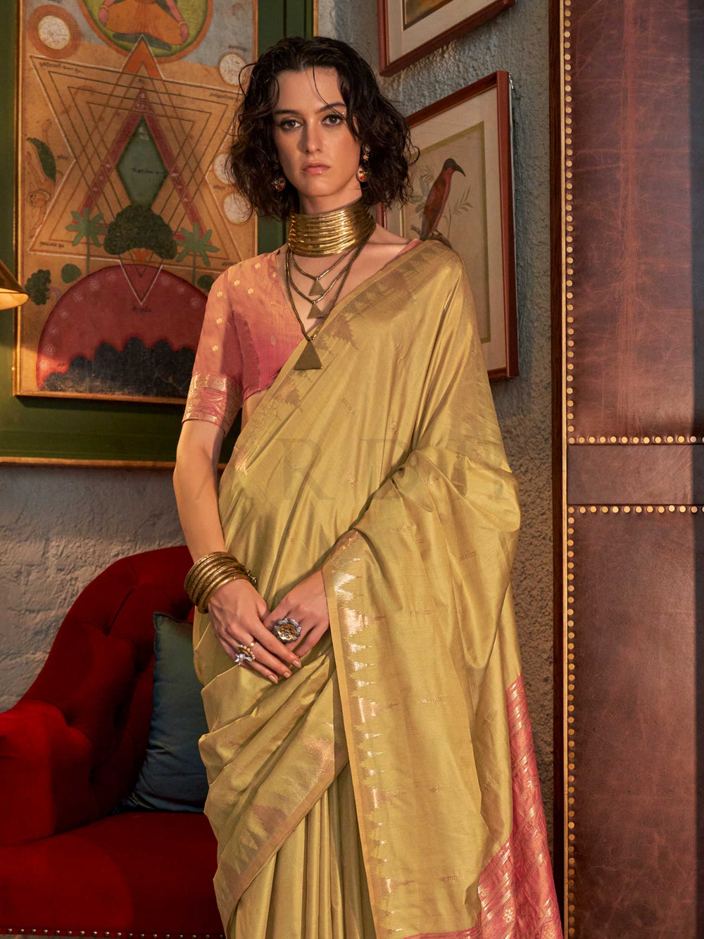Pistachio Green–Rose Pink feathersoft raw silk saree featuring banarasi ikat design, ideal for sangeet night and festive evening wear with rich texture and contrast blouse. Pistachio Green–Rose Pink feathersoft raw silk saree featuring banarasi ikat design, ideal for sangeet night and festive evening wear with rich texture and contrast blouse..