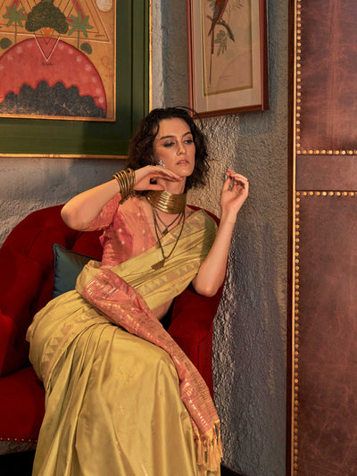 Banarasi Sarees Feathersoft Silk Sarees Green Evening Sangeet Party Green Kontessa Pistachio Green Rose Pink
