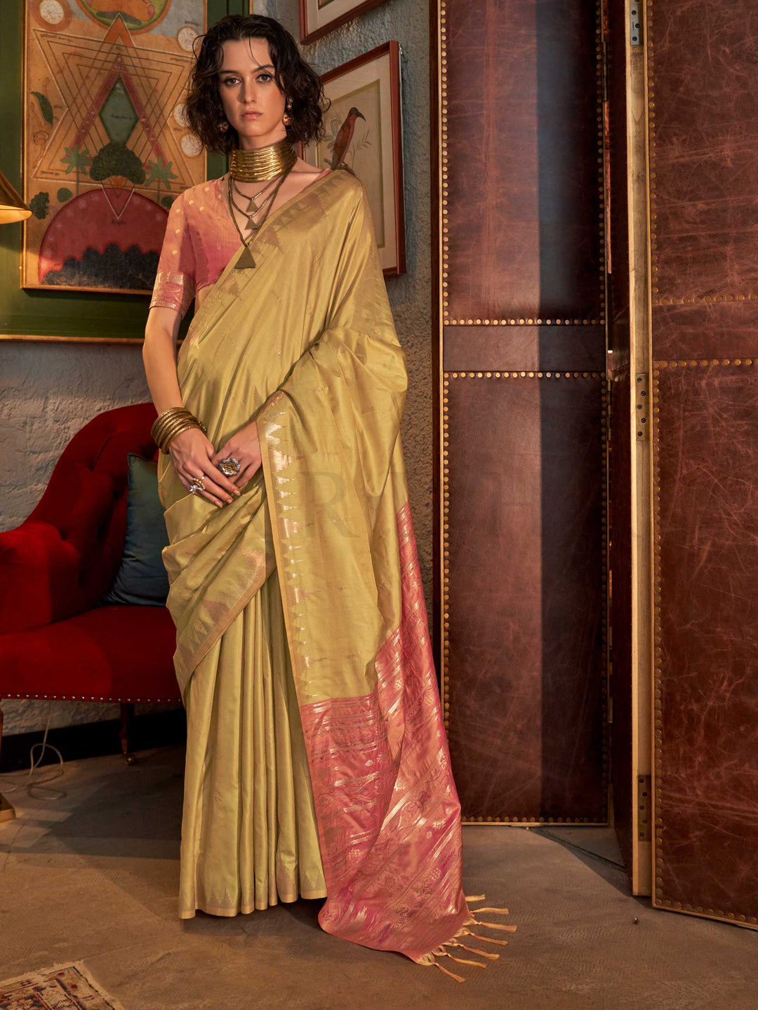 Pistachio Green–Rose Pink feathersoft raw silk saree featuring banarasi ikat design, ideal for sangeet night and festive evening wear with rich texture and contrast blouse. Pistachio Green–Rose Pink feathersoft raw silk saree featuring banarasi ikat design, ideal for sangeet night and festive evening wear with rich texture and contrast blouse..