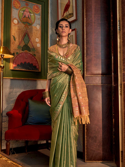 Banarasi Sarees Feathersoft Silk Sarees Green Evening Sangeet Party Green Kontessa Olive Green Dusky Rose