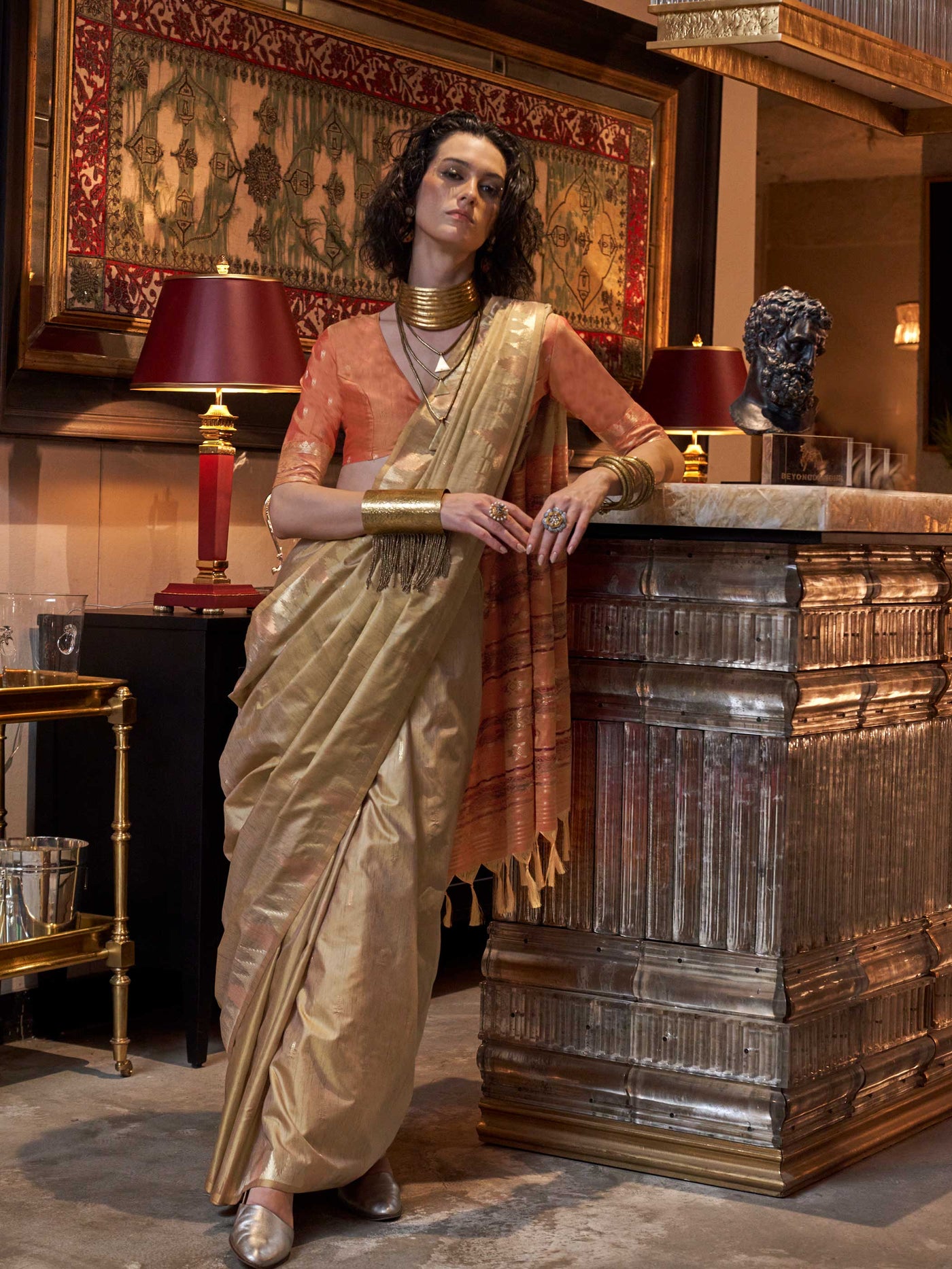 Banarasi Sarees Feathersoft Silk Sarees Yellow Evening Sangeet Party Gold Kontessa Beige Gold Rust Copper