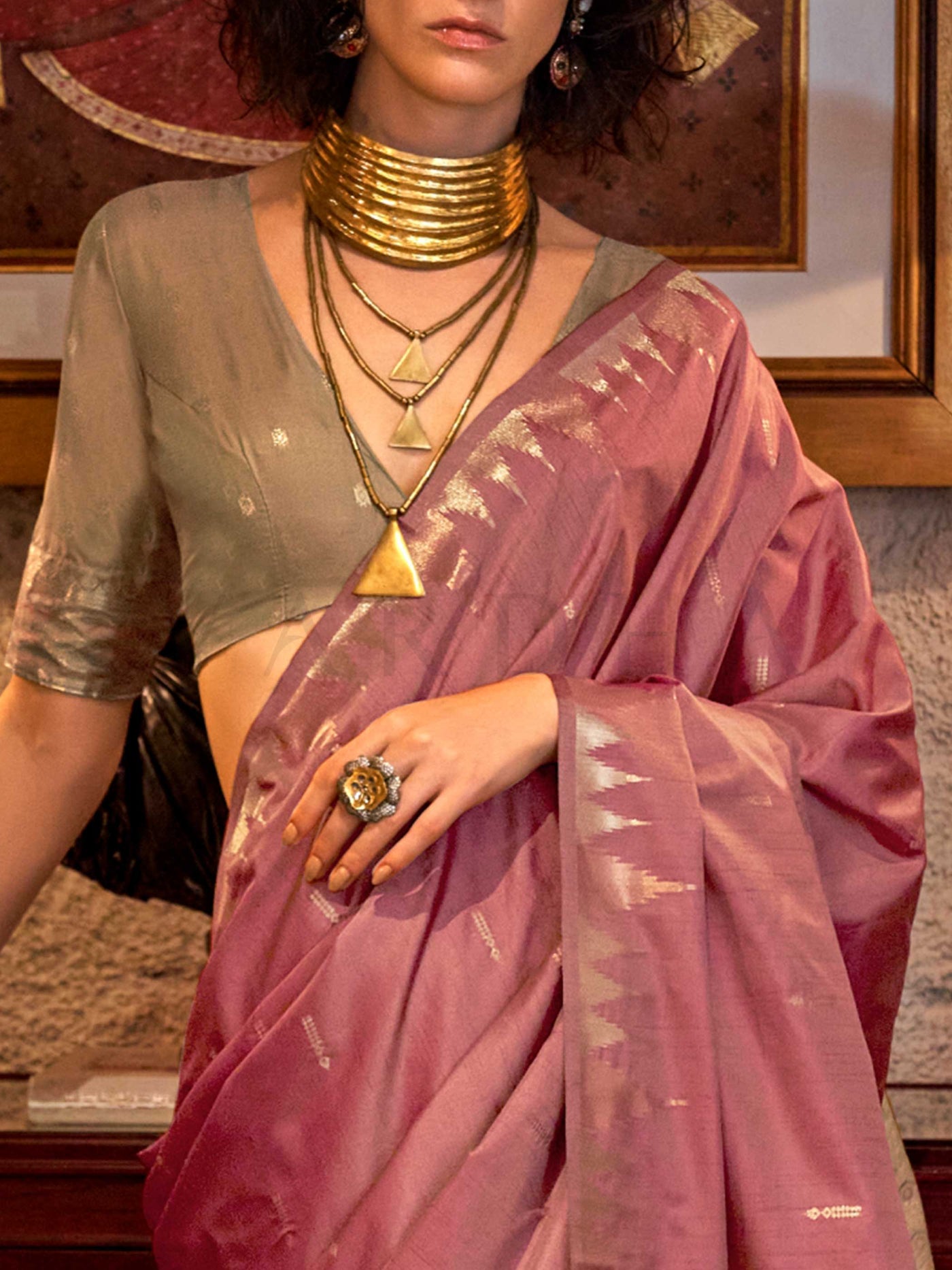 Dusty Rose–Pale Gold feathersoft raw silk saree featuring banarasi ikat design, ideal for sangeet night and festive evening wear with rich texture and contrast blouse. Dusty Rose–Pale Gold feathersoft raw silk saree featuring banarasi ikat design, ideal for sangeet night and festive evening wear with rich texture and contrast blouse..