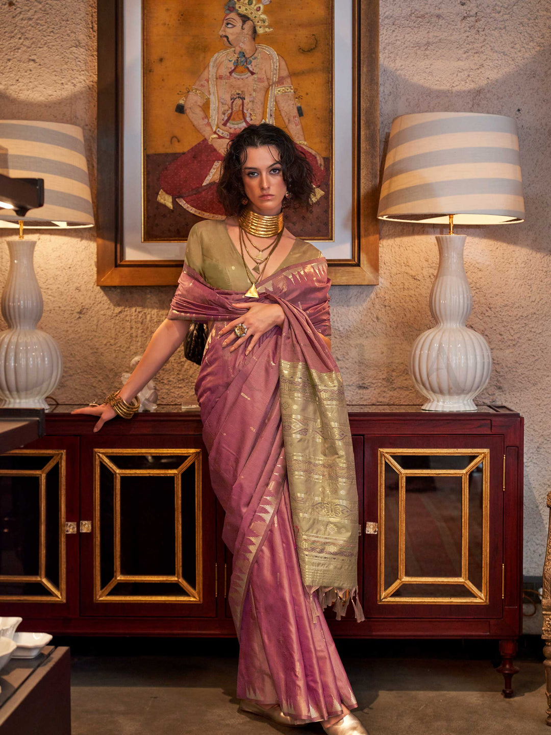 Banarasi Sarees Feathersoft Silk Sarees Pink Evening Sangeet Party Rose Kontessa Rose Pale Gold