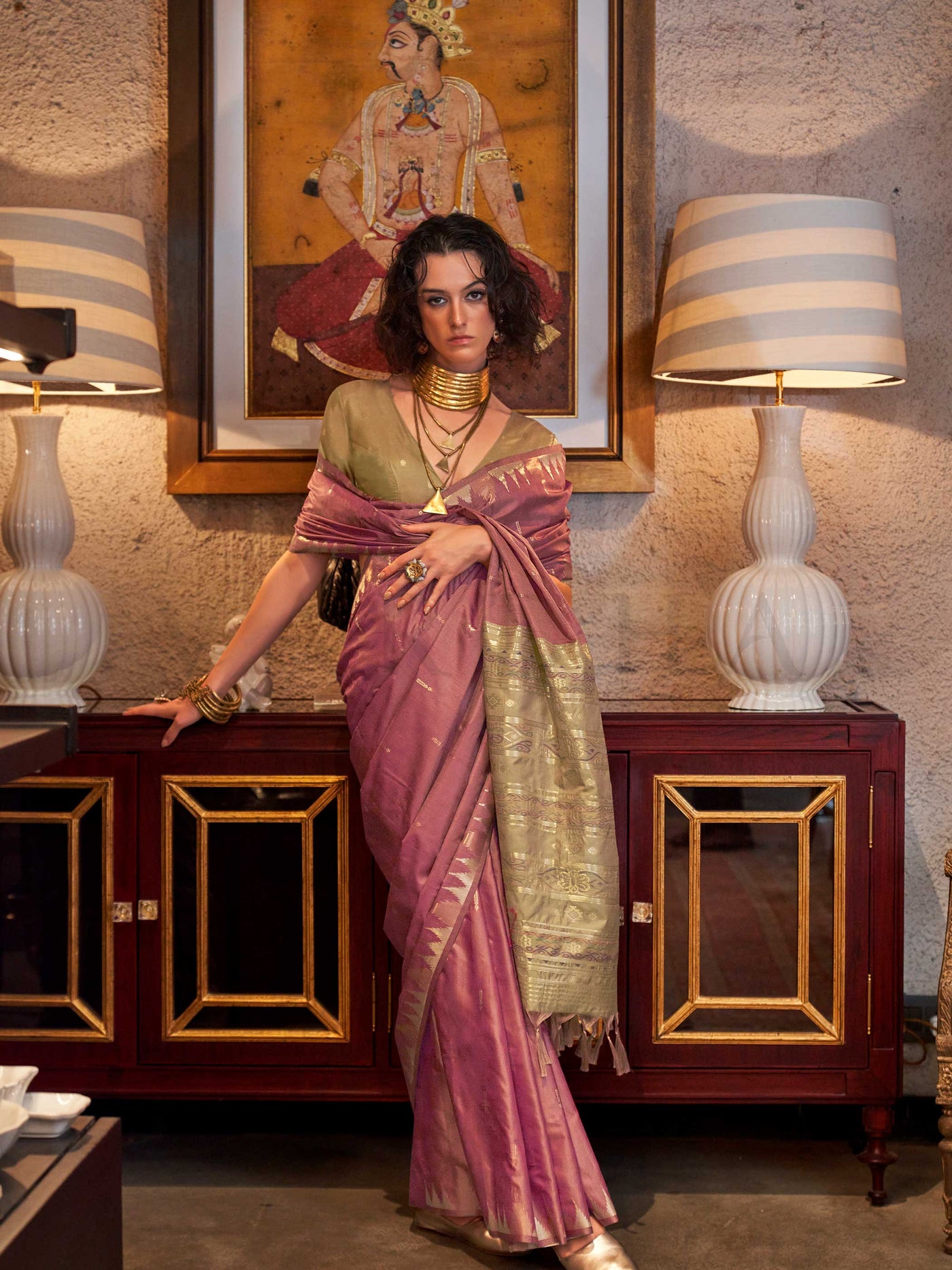 Banarasi Sarees Feathersoft Silk Sarees Pink Evening Sangeet Party Rose Kontessa Rose Pale Gold