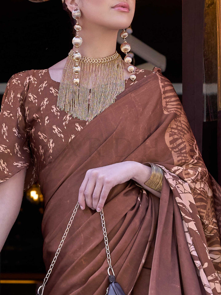 Brown Printed Satin Crepe Saree