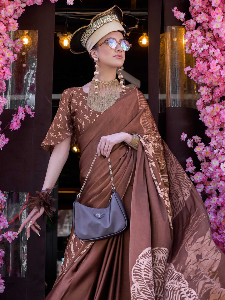 Brown Printed Satin Crepe Saree
