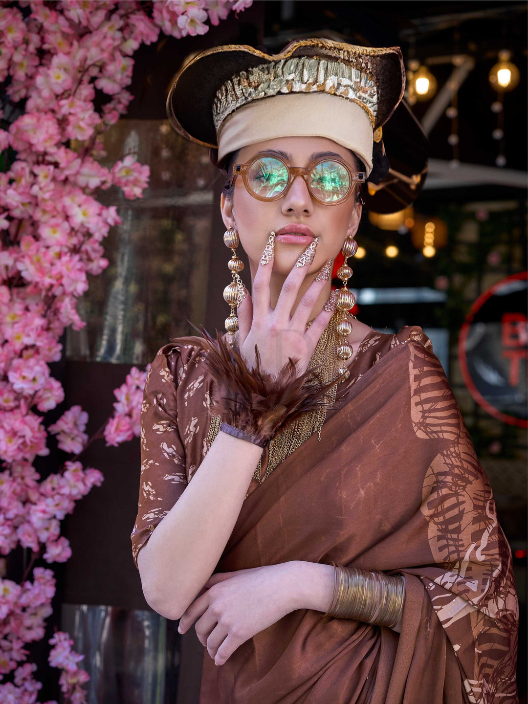 Brown Printed Satin Crepe Saree