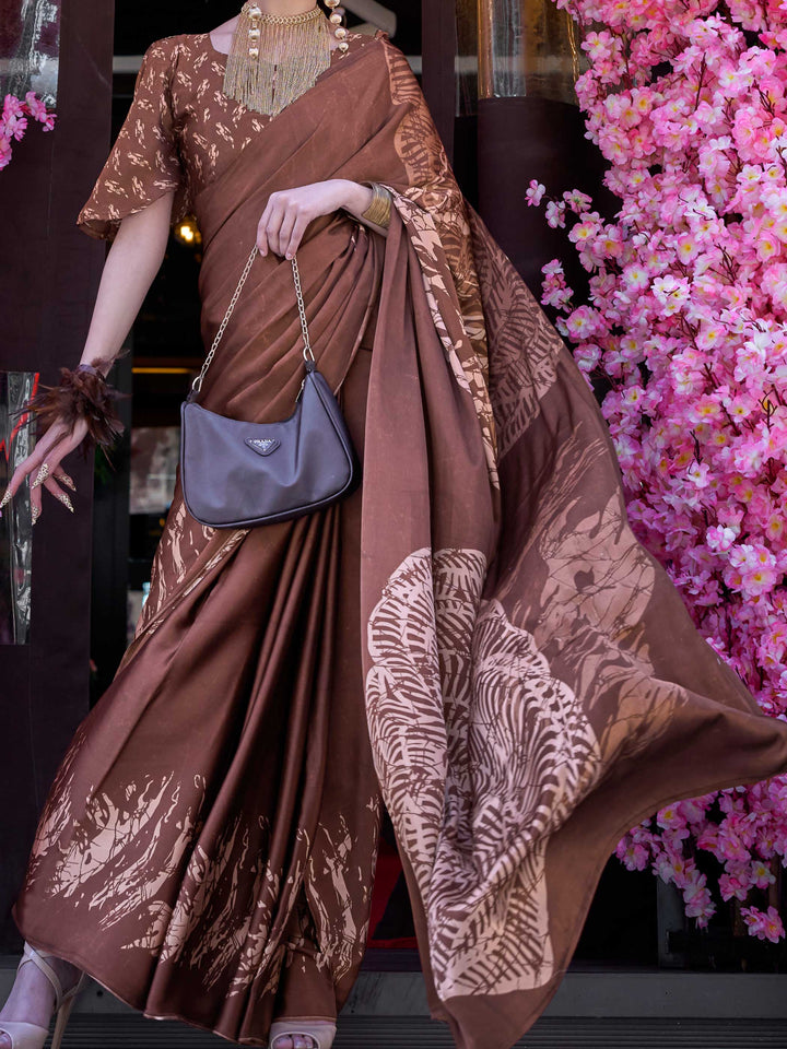 Brown Printed Satin Crepe Saree