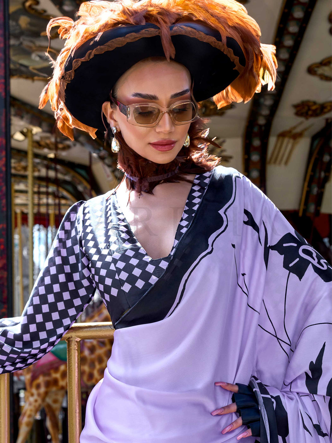 Lavender Printed Satin Crepe Saree