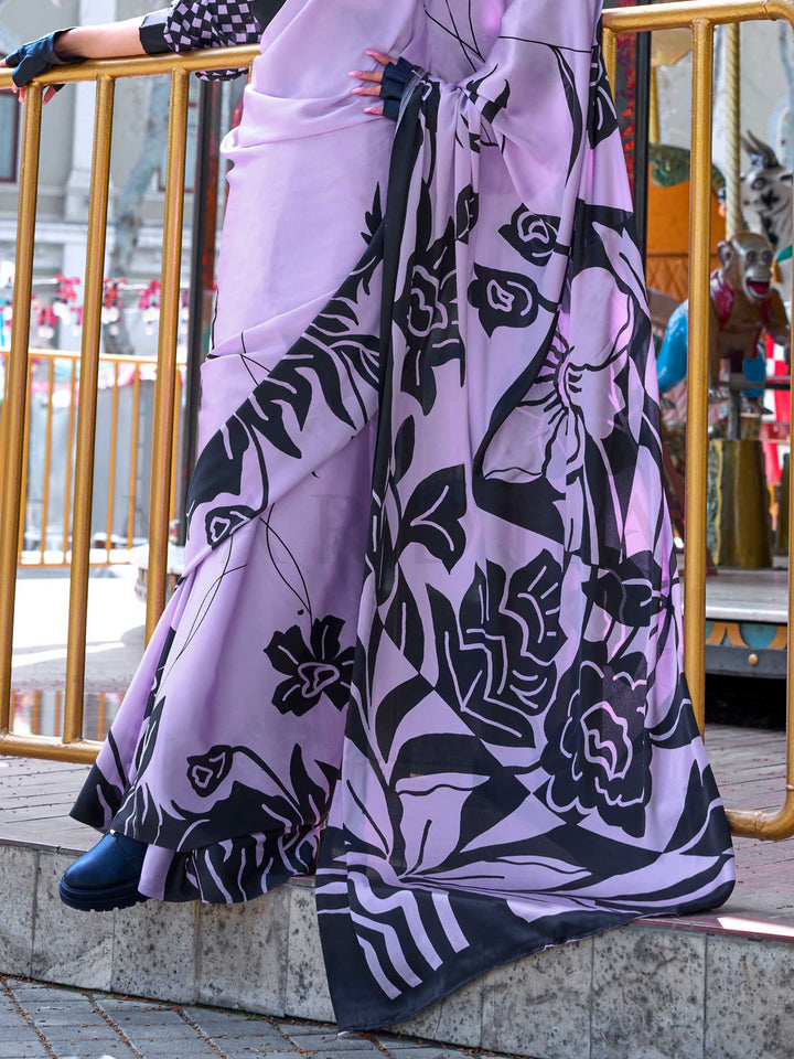 Lavender Printed Satin Crepe Saree