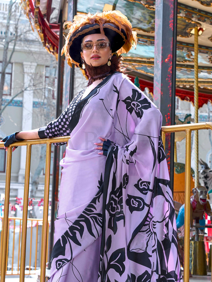 Lavender Printed Satin Crepe Saree