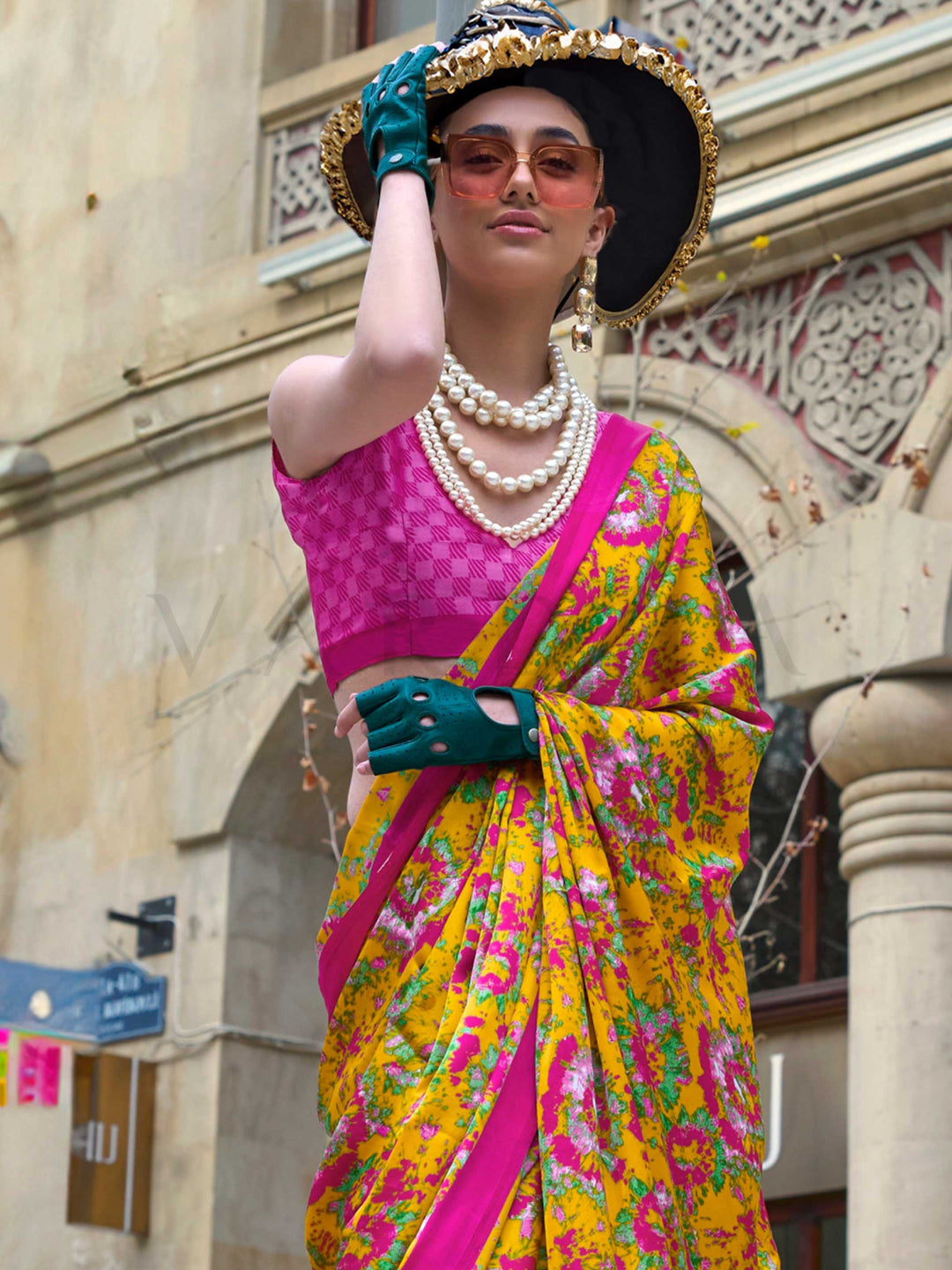Yellow & Magenta Printed Satin Crepe Saree with Abstract Weave Festive Occasion Wear